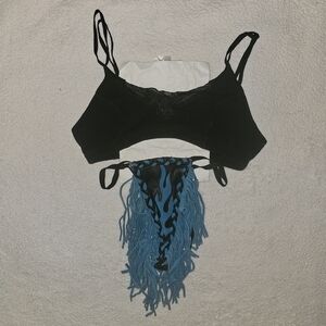 Vintage Harley Davidson Black Eagle Sports Bra Leather Blue Flame Fringe Thong🔥